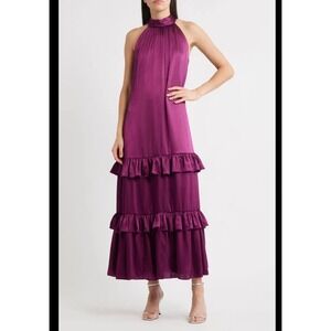 Halogen Satin Deep Mulberry High Neck Tiered Ruffle Maxi Dress M‎ Evening Formal